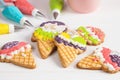 Colorful ice cream cone shape icing cookies Royalty Free Stock Photo