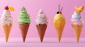 Colorful Ice Cream Cones Five vibrant ice cream cones each with unique toppings and colors symbolize summer sweetness fun Royalty Free Stock Photo