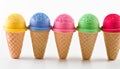 Colorful ice cream cones in a row on white background Royalty Free Stock Photo