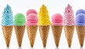 Colorful ice cream cones in a row on white background Royalty Free Stock Photo