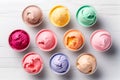 Colorful ice cream in cups on white background. Flat lay