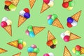 Colorful ice cream in light brown wafer horns Royalty Free Stock Photo