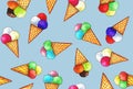 Colorful ice cream in light brown wafer horns Royalty Free Stock Photo