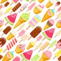 Colorful ice cream popsicles and cones seamless pattern. Royalty Free Stock Photo