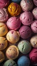 Colorful ice cream scoops in various flavors background