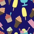 Colorful ice-cream seamless pattern. Dark blue background. Summer food vector illustration. Sweet Frozen Desserts Royalty Free Stock Photo