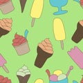Colorful ice-cream seamless pattern. Green background. Summer food vector illustration. Sweet Frozen Desserts. Design Royalty Free Stock Photo