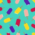 Colorful ice cream seamless pattern on turquoise background. Cute bright popsicles background in flat cartoon style. Royalty Free Stock Photo