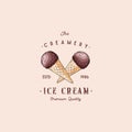 Colorful Ice cream shop logo label or emblem in caartoon style for your design on suburst background. Vector Royalty Free Stock Photo