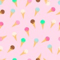 Colorful ice creams waffle cones seamless pattern. Summer dessert flat vector background. Delicious sweets for kids. Easy to edit