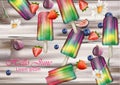 Colorful ice creams on wooden background Vector. Summer exotic fruits flavors ice creams Royalty Free Stock Photo