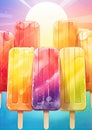 Colorful ice popsicles on color background. Summer icecream on wood stick Royalty Free Stock Photo