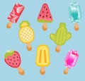 Colorful icecream set. Flavours of watermelon, pineapple, strawberry, cactus, frozen ice, icon concept