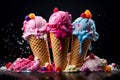 Colorful Icecream in waffle cones with strawberry, blueberry and cherry flavor. Generative Ai