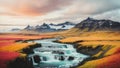 Colorful Iceland Oil Painting Landscape Landscape Wallpaper Illustration Background Watercolor Ink
