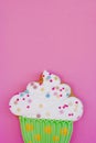 Colorful icing cookie in cupcake shape on pink background Royalty Free Stock Photo