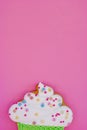 Colorful icing cookie in cupcake shape on pink background Royalty Free Stock Photo