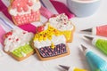 Colorful icing cookies in cupcake shape