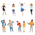 Colorful icon set with loudly laughing people at funny joke. Cartoon men and women characters in casual clothes. Hahaha