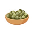 Wooden bowl of fresh green peppercorns. Natural spice. Aromatic condiment. Fragrant seasoning. Flat vector icon