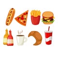 Colorful icons with fast food meals isolated set.