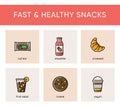 Colorful icons of fast and healthy snacks