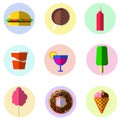 Colorful icons food, burgers, ice cream, drinks, donuts,