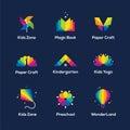 Colorful icons and logo set on dark blue background.