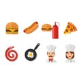 Colorful icons representing popular foods and cooking elements Royalty Free Stock Photo