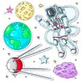 Colorful icons, stickers astronaut spaceman, planet earth, asteroid and satellites