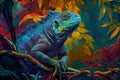 Colorful iguana in the fantasy rain forest, ai illustration Royalty Free Stock Photo