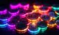 Colorful illuminated bitcoin coins on dark background showcasing cryptocurrency concept