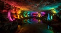Colorful Illuminated Cave with Stalactites and Stalagmites Reflection Royalty Free Stock Photo