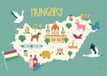 Colorful illustrated map of Hungary with animals, famous symbols, landmarks, Budapest parliament.