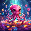Colorful Illustration of an Adorable Octopus in a Playful Setting