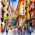 Colorful illustration artistic representation of a street in Barcelona.