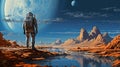 colorful illustration of astronaut in space suit and helmet exploring alien planet with mountains and stars and moons on