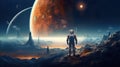 colorful illustration of astronaut in space suit and helmet exploring alien planet with mountains and stars and moons on