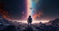 colorful illustration of astronaut in space suit and helmet exploring alien planet with mountains and stars and moons on