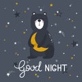 Colorful illustration with bear, moon, stars, english text. Good night. Cute background, funny animal, sky Royalty Free Stock Photo