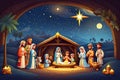 A colorful illustration of the birth of Jesus Christ.