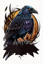 The colorful illustration black raven sits in the forest ,Next to it lies a black feather of a raven.