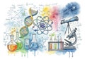 Science themes features a DNA double helix, atom model, microscope, Royalty Free Stock Photo