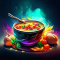 Colorful illustration of a bowl of delicious chinese soup with chopsticks generative AI