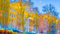 Colorful illustration of the buildings reflection along the canal in Amsterdam in the autumn