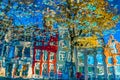 Colorful illustration of the buildings reflection along the canal in Amsterdam in the autumn