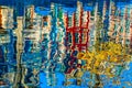 Colorful illustration of the buildings reflection along the canal in Amsterdam in the autumn