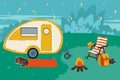 Colorful illustration of a camping van in the forest. Trailer for a roadside house among the trees. A vehicle for