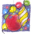 Colorful illustration of Christmas ball hanging in violet textured square. String of lights with Xmas ornament. Hand