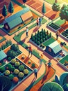 Colorful Illustration of Community Garden Activities on Sunny Day